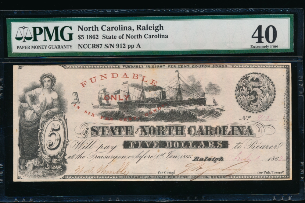 Fr. Cr NC-87 1862 $5  Obsolete State of North Carolina, Raleigh PMG 40 comment 912