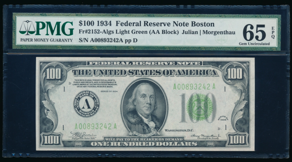 Fr. 2152-A 1934 $100  Federal Reserve Note Boston LGS PMG 65EPQ A00893242A