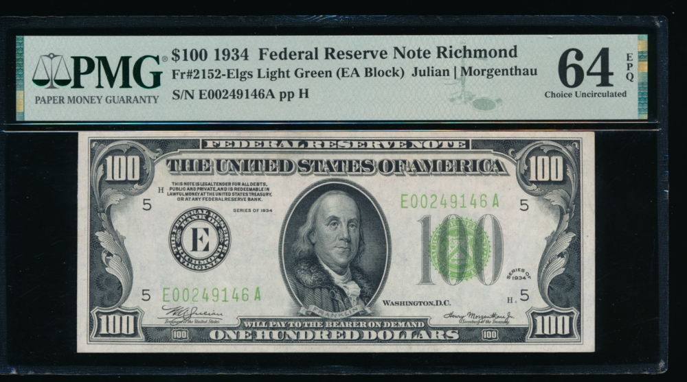 Fr. 2152-E 1934 $100  Federal Reserve Note Richmond LGS PMG 64EPQ E00249146A