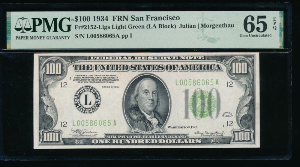 Fr. 2152-L 1934 $100  Federal Reserve Note San Francisco LGS PMG 65EPQ L00586065A