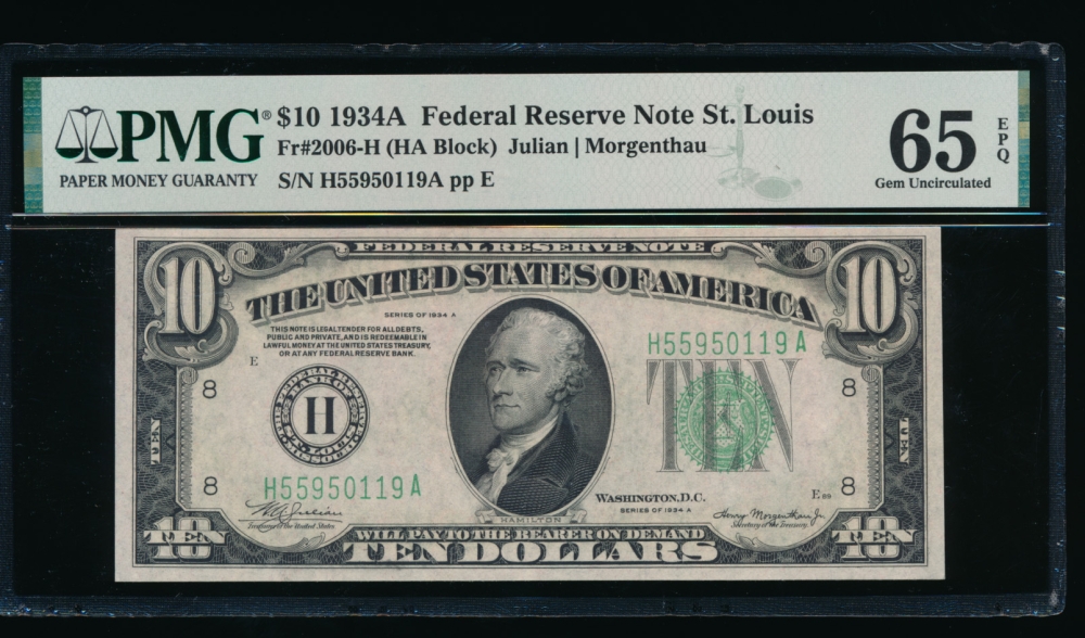 Fr. 2006-H 1934A $10  Federal Reserve Note Saint Louis PMG 65EPQ H55950119A