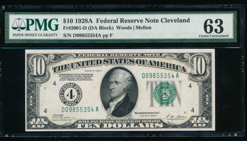 Fr. 2001-D 1928A $10  Federal Reserve Note Cleveland PMG 63 D09855354A