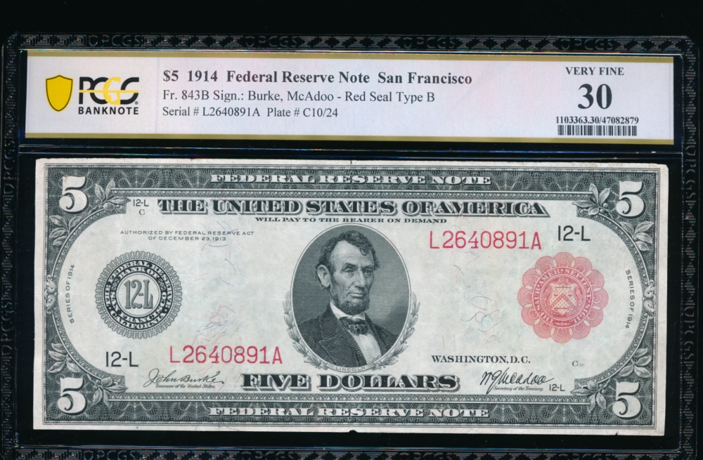 Fr. 843b 1914 $5  Federal Reserve Note San Francisco red seal PCGS 30 L2640891A