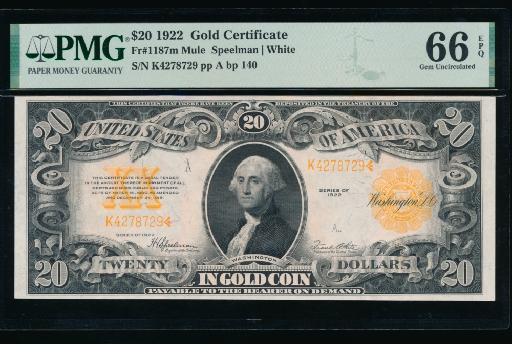 Fr. 1187 1922 $20  Gold Certificate mule PMG 66EPQ K4278729 obverse
