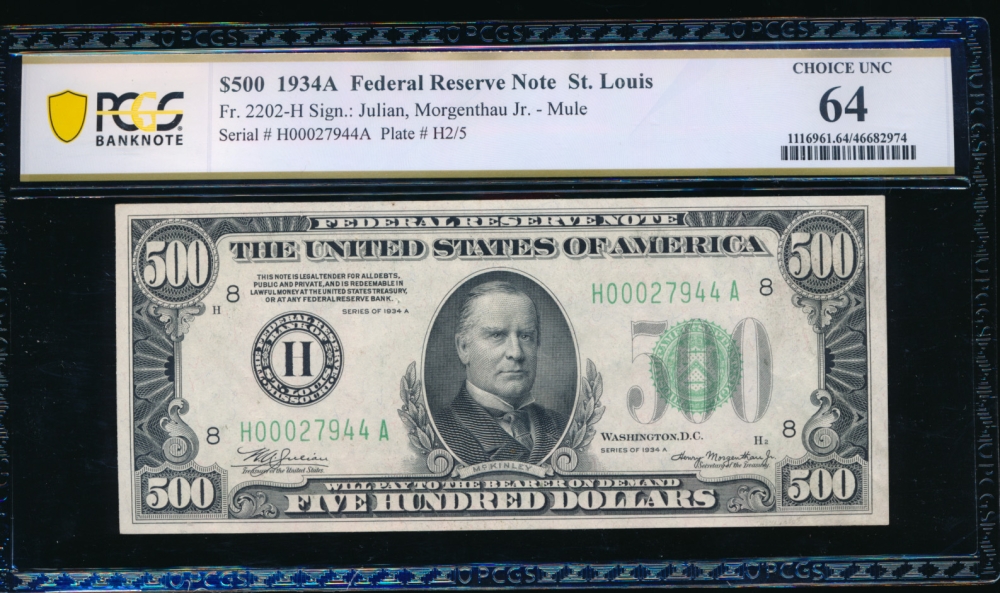 Fr. 2202-H 1934A $500  Federal Reserve Note Saint Louis PCGS 64 comment H00017944A