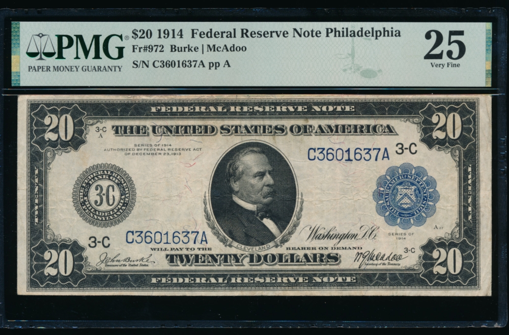 Fr. 972 1914 $20  Federal Reserve Note Philadelphia PMG 25 C3601637A