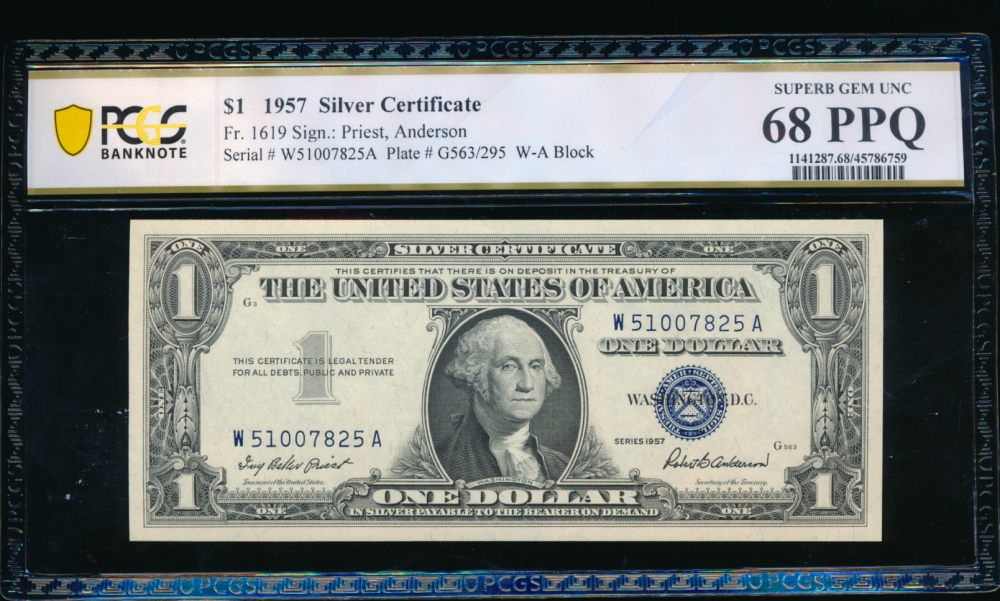 Fr. 1619 1957 $1  Silver Certificate WA block PCGS 68PPQ W51007825A
