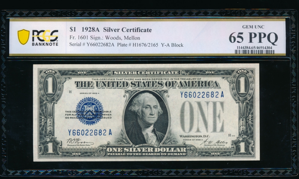 Fr. 1601 1928A $1  Silver Certificate YA block PCGS 65PPQ Y66022682A
