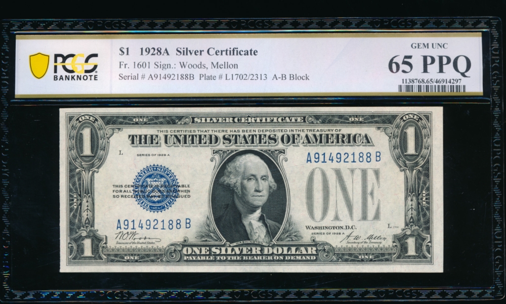Fr. 1601 1928A $1  Silver Certificate AB block PCGS 65PPQ A91492188B