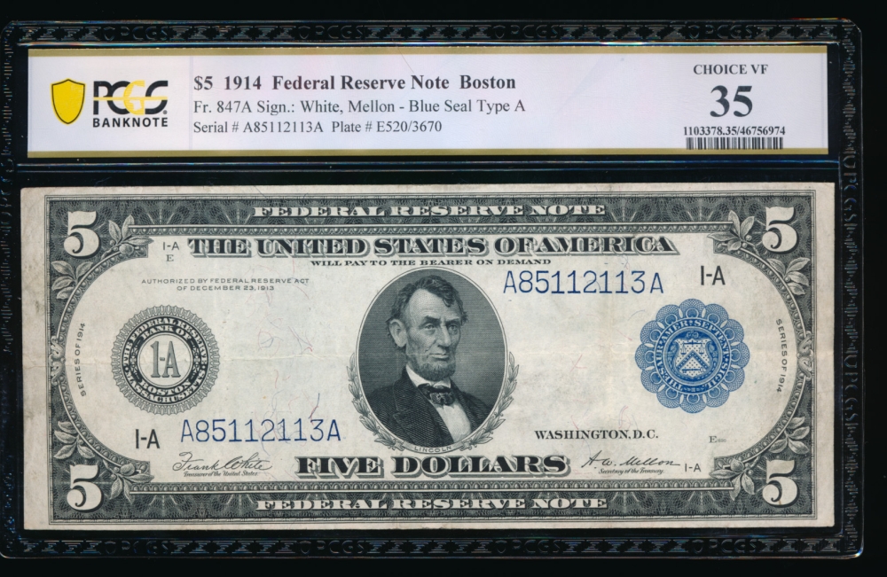 Fr. 847a 1914 $5  Federal Reserve Note Boston PCGS 35 A85112113A