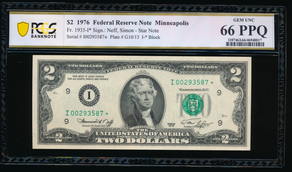 Fr. 1935-I 1976 $2  Federal Reserve Note Minneapolis star PCGS 66PPQ I00293587*