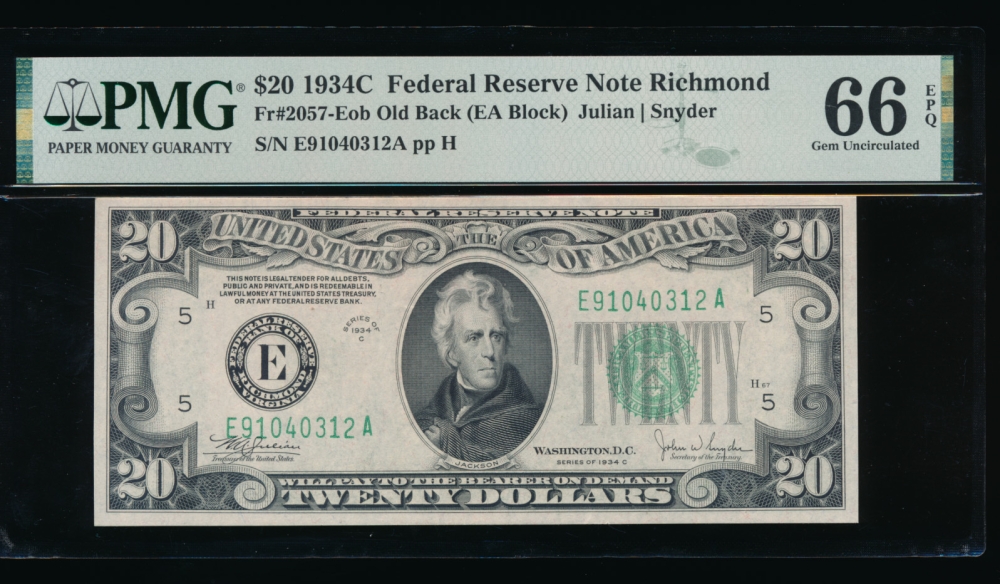Fr. 2057-E 1934C $20  Federal Reserve Note Richmond old back PMG 66EPQ E91040312A
