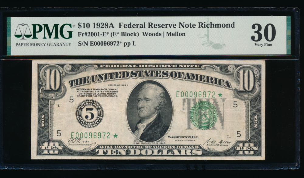 Fr. 2001-E 1928 $10  Federal Reserve Note Richmond star PMG 30 E00096972*