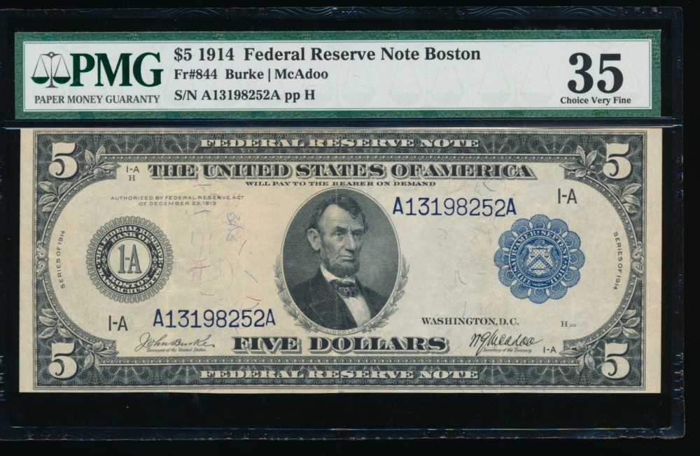 Fr. 844 1914 $5  Federal Reserve Note Boston PMG 35 A13198252A