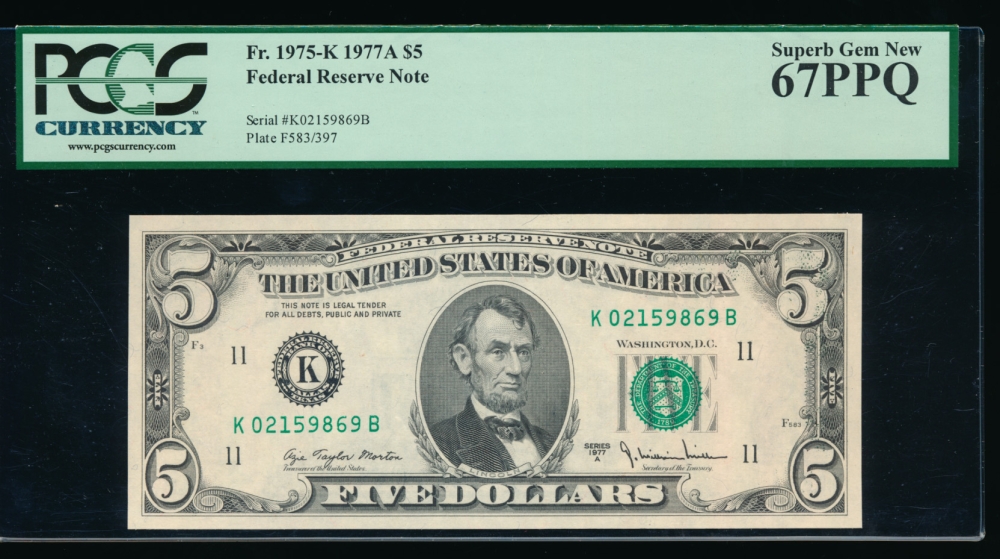 Fr. 1975-K 1977A $5  Federal Reserve Note Dallas PCGS-C 67PPQ K02159869B