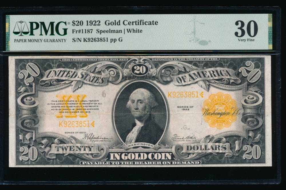 Fr. 1187 1922 $20  Gold Certificate  PMG 30 K9263851