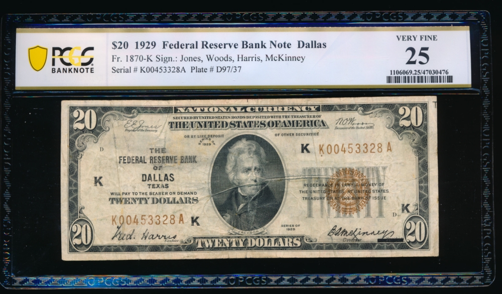 Fr. 1870-K 1929 $20  FRBN Dallas PCGS 25 K00453328A