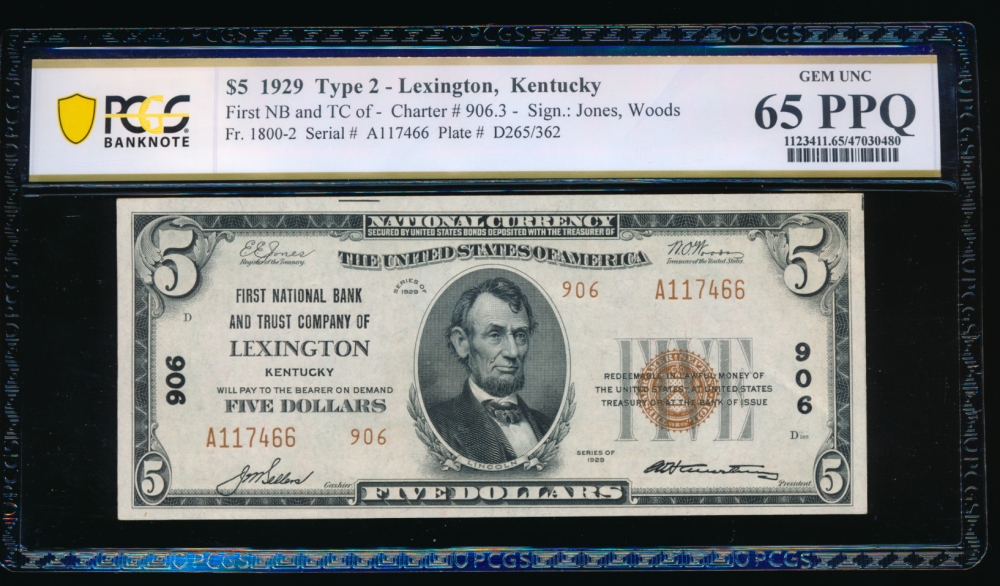 Fr. 1800-2 1929 $5  National: Type II Ch #906 First NB and TC of Lexington, Kentucky PCGS 65PPQ A117466
