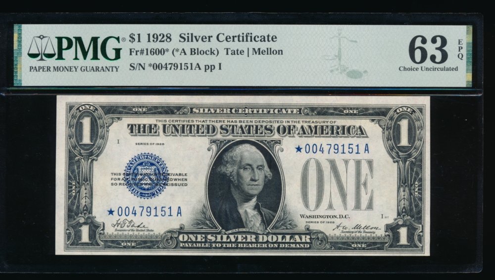 Fr. 1600 1928 $1  Silver Certificate *A block PMG 63EPQ *00479151A