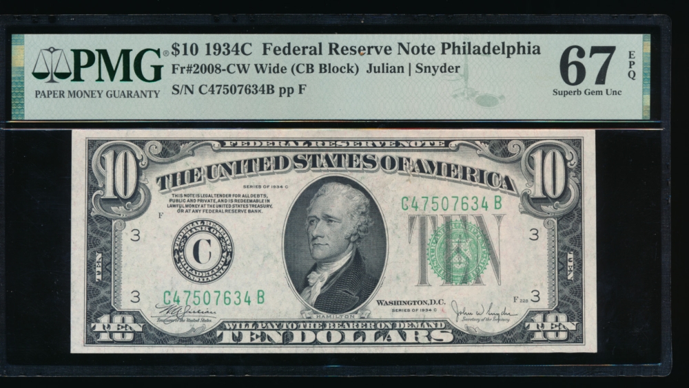 Fr. 2008-C 1934C $10  Federal Reserve Note Wide, CB block PMG 67EPQ C47507634B