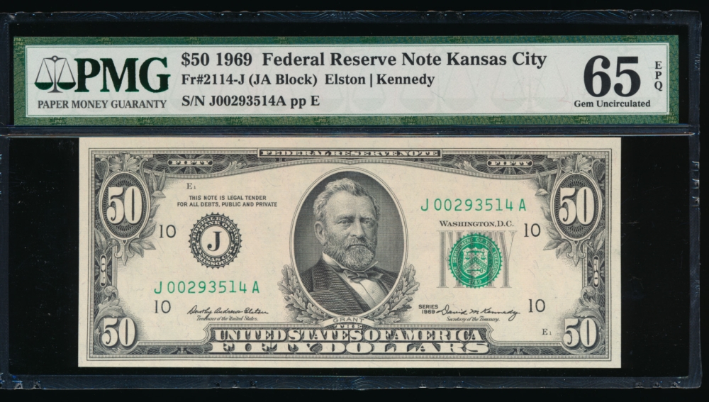 Fr. 2114-J 1969 $50  Federal Reserve Note Kansas City PMG 65EPQ J00293514A