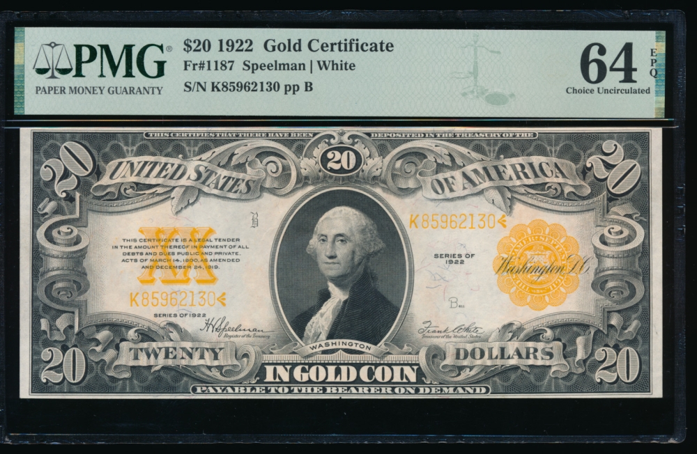 Fr. 1187 1922 $20  Gold Certificate  PMG 64EPQ K85962130