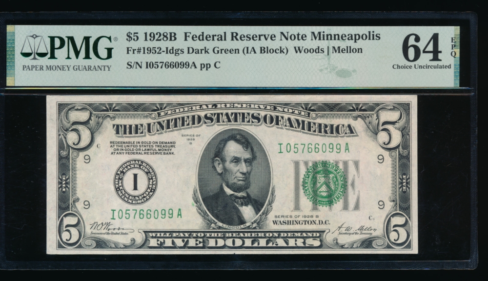 Fr. 1952-I 1928B $5  Federal Reserve Note Minneapolis PMG 64EPQ I05766099A