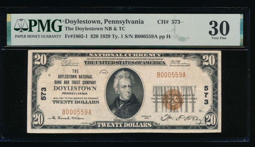 Fr. 1802-1 1929 $20  National: Type I Ch #573 The Doylestown National Bank and Trust Company, Doylestown, Pennsylvania PMG 30 B000559A