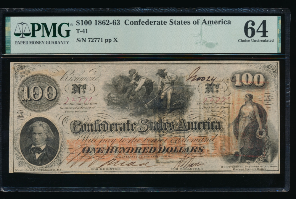 Fr. T-41 1862 $100  Confederate  PMG 64 comment 72771