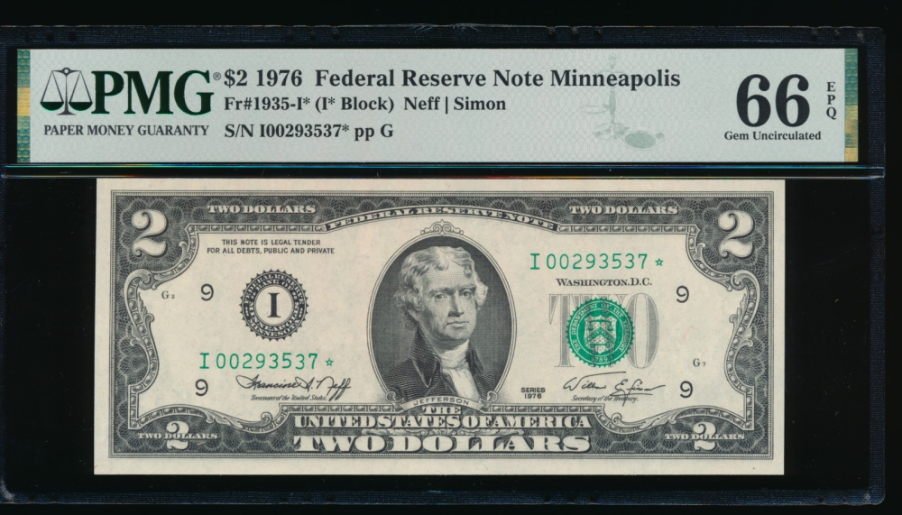 Fr. 1935-I 1976 $2  Federal Reserve Note Minneapolis star PMG 66EPQ I00293537*