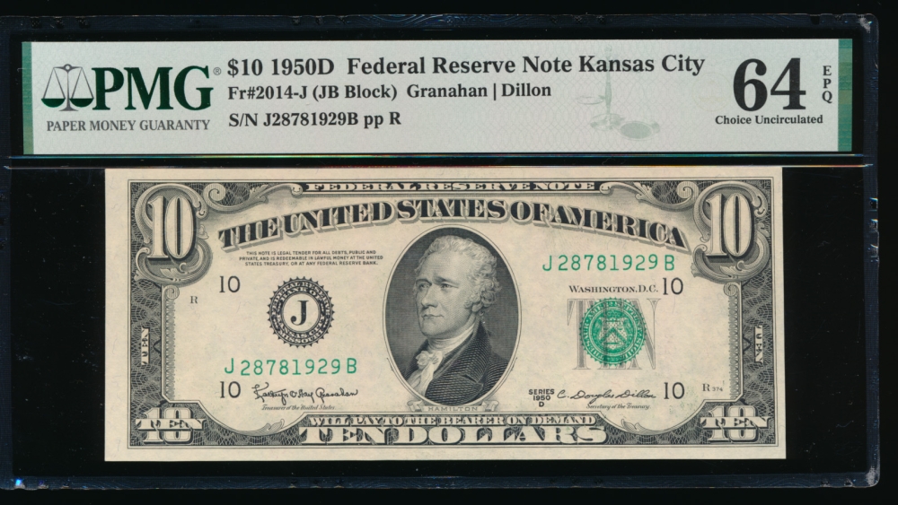 Fr. 2014-J 1950D $10  Federal Reserve Note Kansas City PMG 64EPQ J28781929A