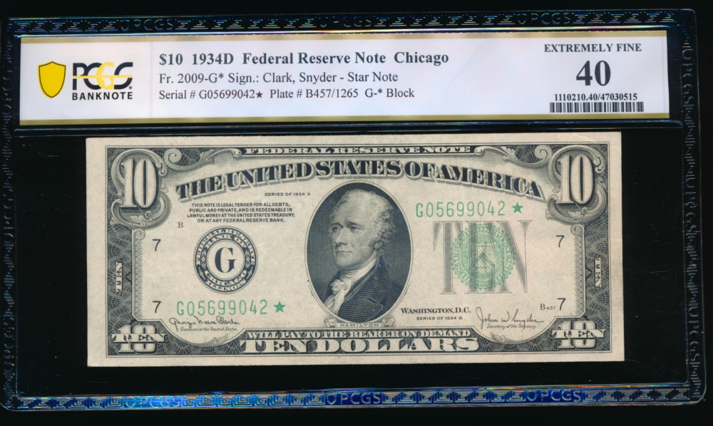 Fr. 2009-G 1934D $10  Federal Reserve Note Chicago star PCGS 40 G05699042*