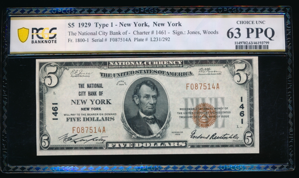 Fr. 1800-1 1929 $5  National: Type I Ch #1461 The National City Bank of New York, New York PCGS 63PPQ F087514A