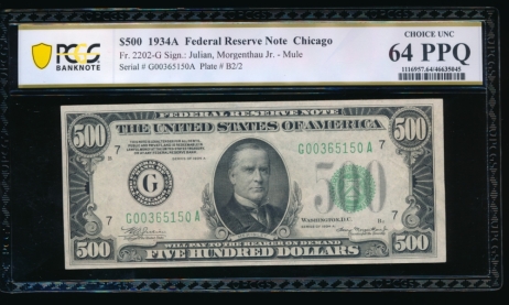 Fr. 2202-G 1934A $500  Federal Reserve Note Chicago PCGS 64PPQ G00365150A