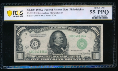 Fr. 2212-C 1934A $1,000  Federal Reserve Note Philadelphia PCGS 55PPQ C00040196A