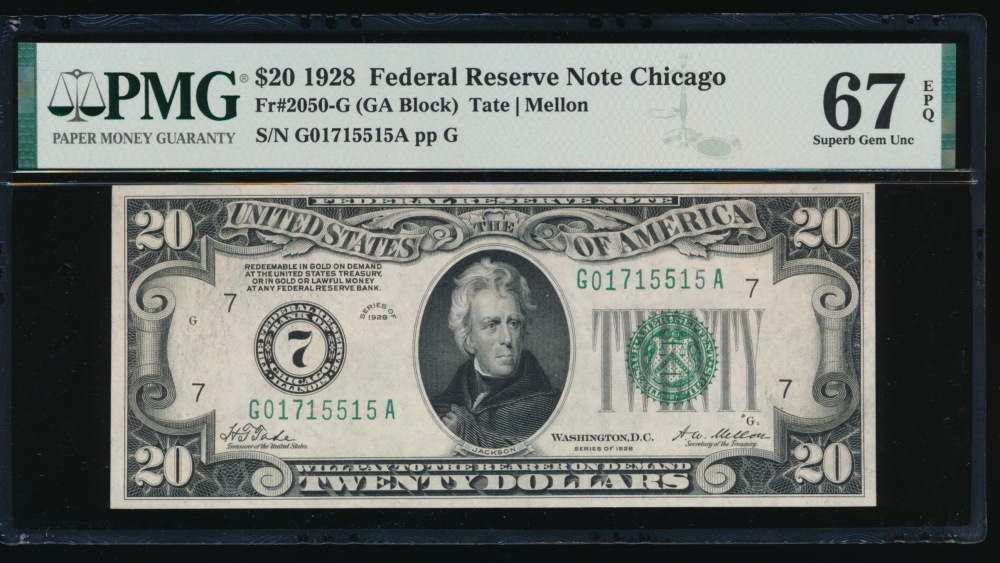 Fr. 2050-G 1928 $20  Federal Reserve Note Chicago PMG 67EPQ G01715515A