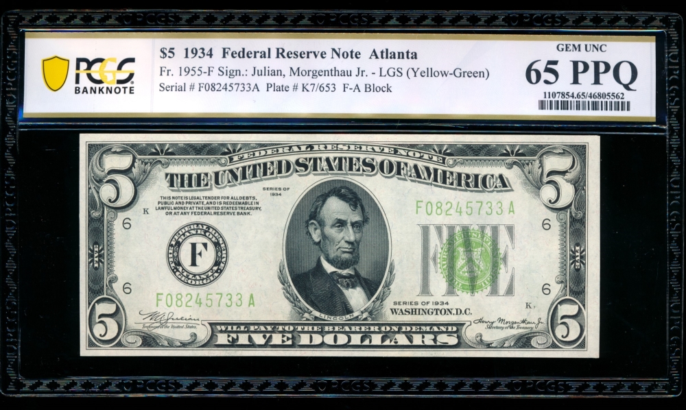 Fr. 1955-F 1934 $5  Federal Reserve Note Atlanta LGS PCGS 65PPQ F08245733A