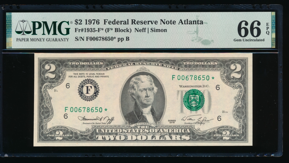 Fr. 1935-F 1976 $2  Federal Reserve Note Atlanta star PMG 66EPQ F00678650*