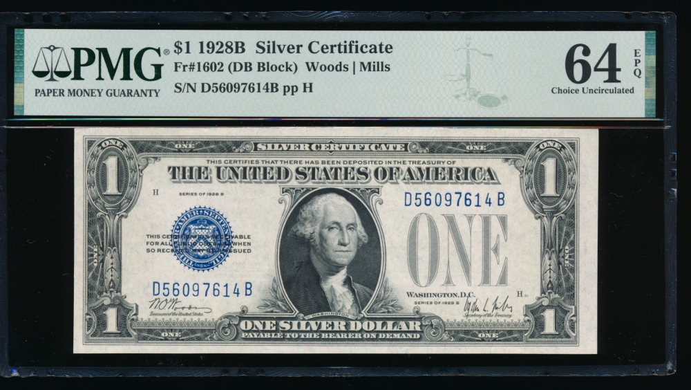 Fr. 1602 1928B $1  Silver Certificate DB block PMG 64EPQ D56097614B