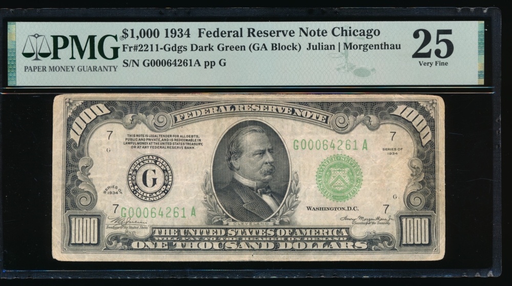 Fr. 2211-G 1934 $1,000  Federal Reserve Note Chicago PMG 25 G00064261A