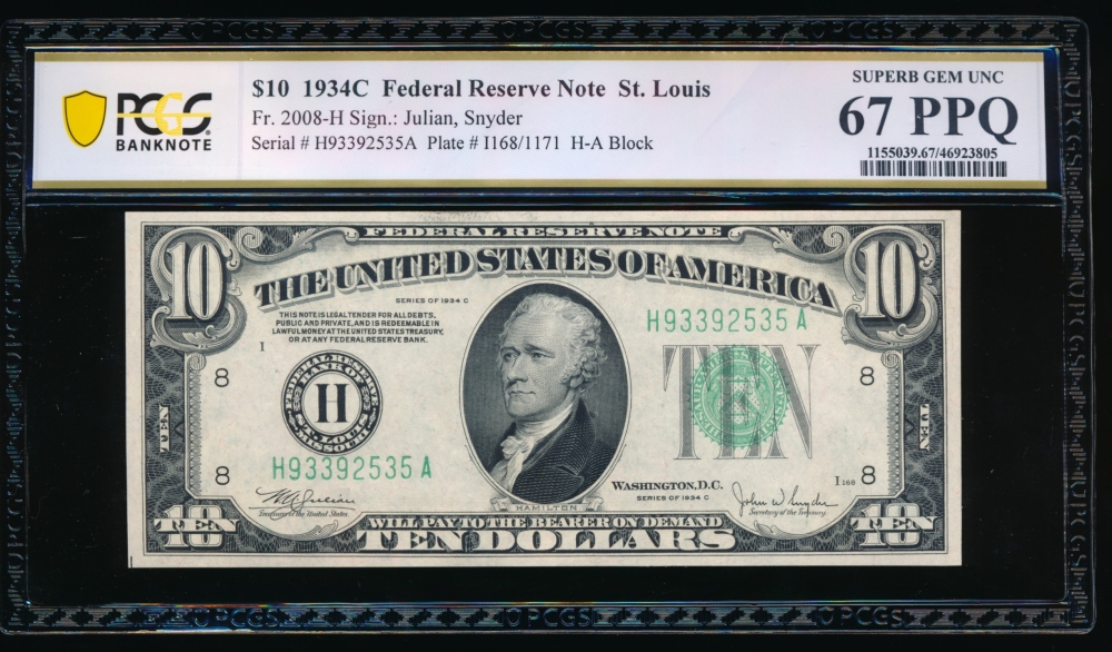 Fr. 2008-H 1934C $10  Federal Reserve Note Saint Louis PCGS 67PPQ H93392535A