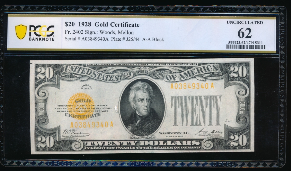 Fr. 2402 1928 $20  Gold Certificate  PCGS 62 A03849340A