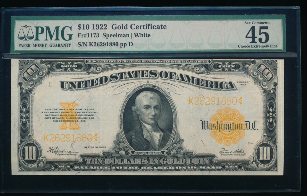 Fr. 1173 1922 $10  Gold Certificate  PMG 45EPQ K26291880