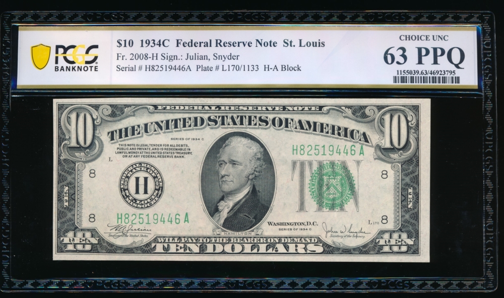 Fr. 2008-H 1934C $10  Federal Reserve Note Saint Louis PCGS 63PPQ H82519446A