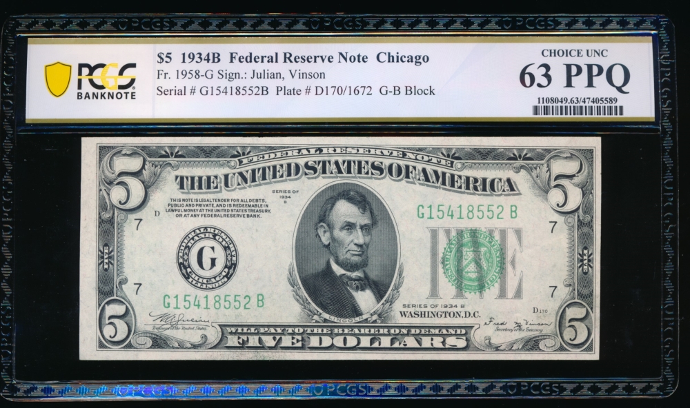 Fr. 1958-G 1934B $5  Federal Reserve Note Chicago PCGS 63PPQ G14518552B