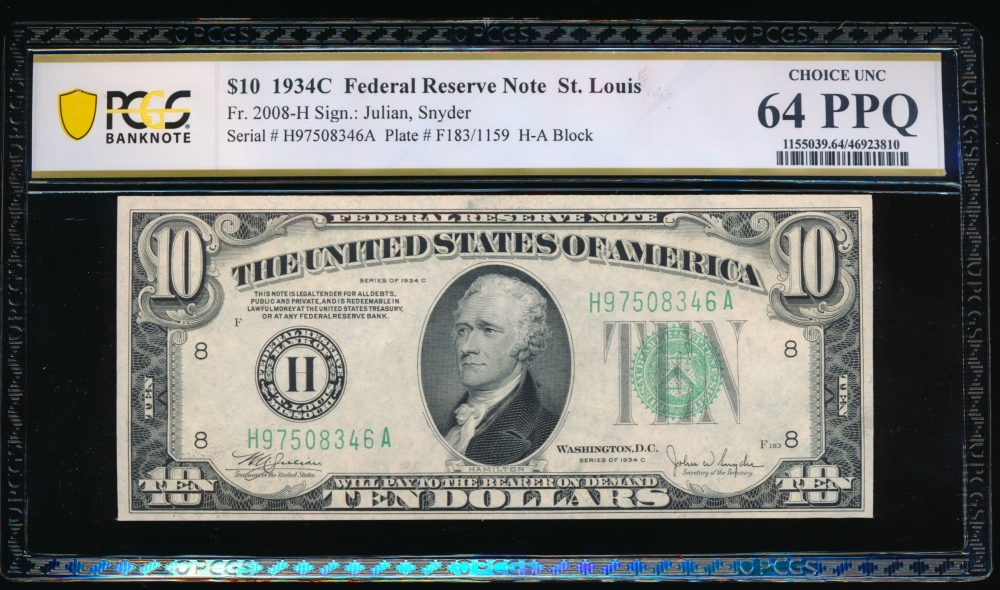 Fr. 2008-H 1934C $10  Federal Reserve Note Saint Louis PCGS 64PPQ H97508346A