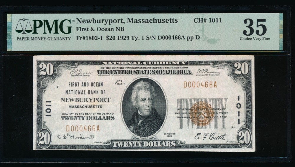 Fr. 1802-1 1929 $20  National: Type I Ch #1011 First and Ocean National Bank of Newburyport, Massachusetts PMG 35 D000466A