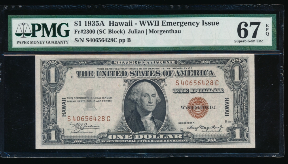 Fr. 2300 1935A $1  Hawaii SC block PMG 67EPQ S40656428C