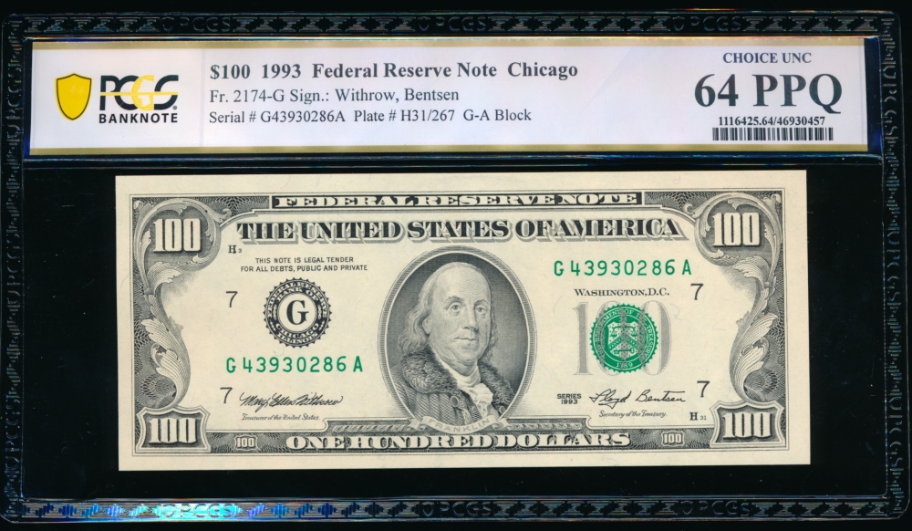 Fr. 2174-G 1993 $100  Federal Reserve Note Chicago PCGS 64PPQ G43930286A