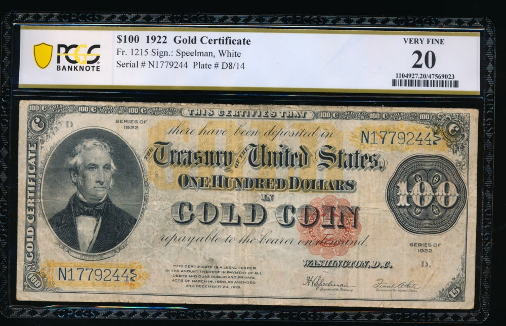 Fr. 1215 1922 $100  Gold Certificate  PCGS 20 N1779244